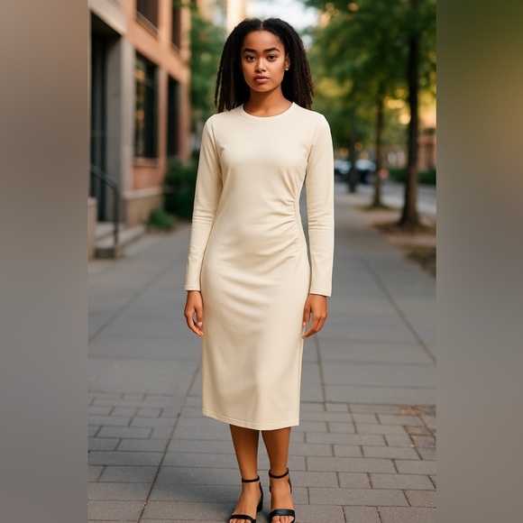 Zara Long-Sleeve Draped Knit Bodycon Midi Knee Length Dress, Cream, Size S - Picture 1 of 14